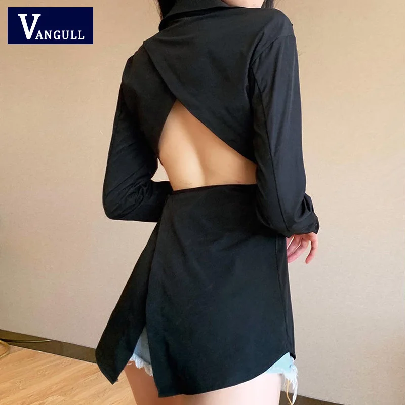 

Женская блузка Vangull, повседневная однотонная блузка с длинным рукавом, отложным воротником и пуговицами спереди