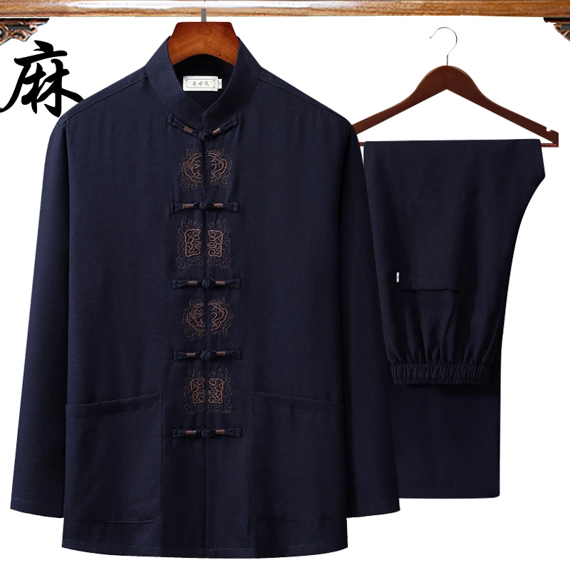 Новинка мужская рубашка из хлопка и льна в китайском стиле с длинным рукавом