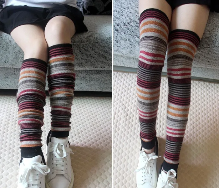 Autumn And Winter Rabbit Wool Long Tube Knee Protection Hosiery Cover Fine Color Stripe Pile Socks Leg Protection Cover Warm Ove