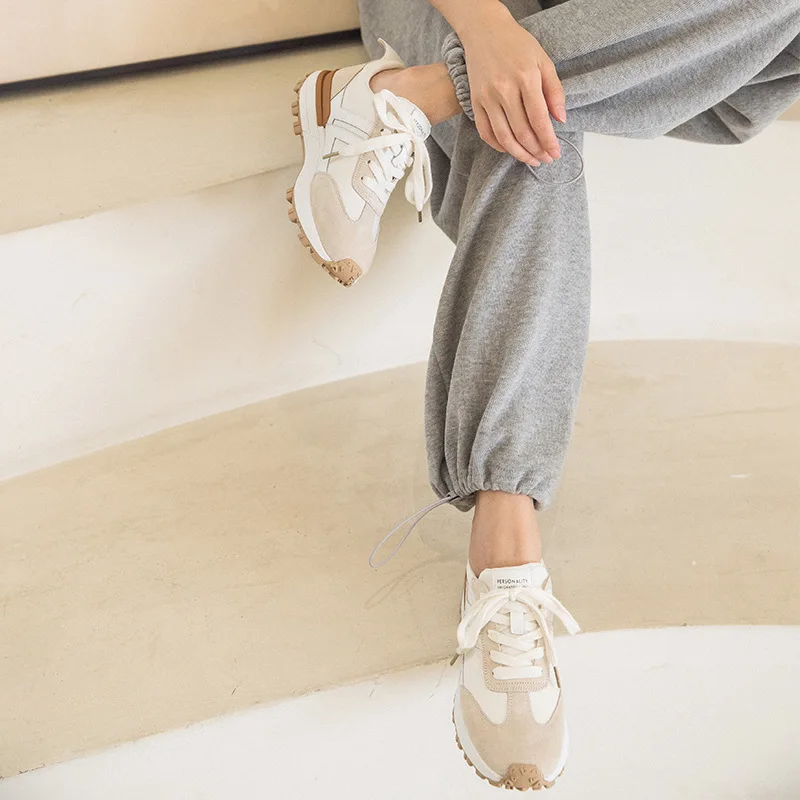 Casual Sneakers Women Suede Leather Patchwork Mixed Colors Lace-Up Round Toe Platform Shoes Lady Flats Handmade