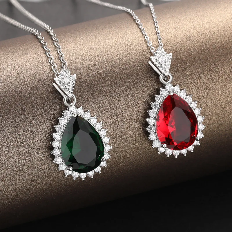 

Fashion Micro Inlay Color Ruby Necklace Simple Female Wild Emerald Zircon Water Drops Pendant Ornaments
