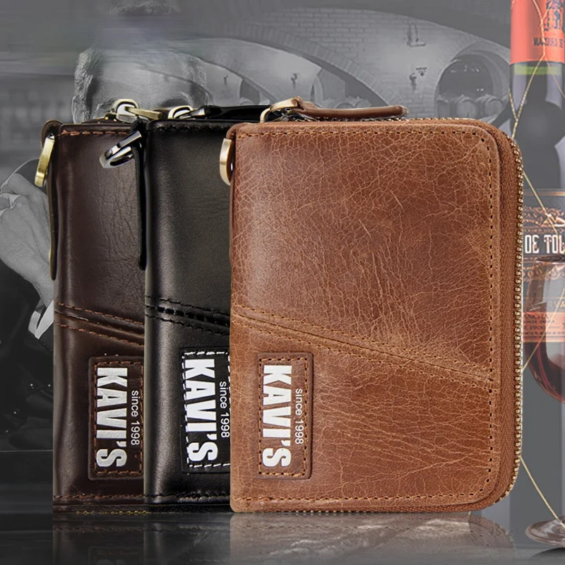 Men's leather short zipper wallet large capacity anti-theft anti-RFID retro crazy horse leather men's wallet