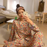houzhou pajamas for girls spring autumn sleepwear color plaid pijamas womens nightgown pyjamas 2 piece set room wear negligee