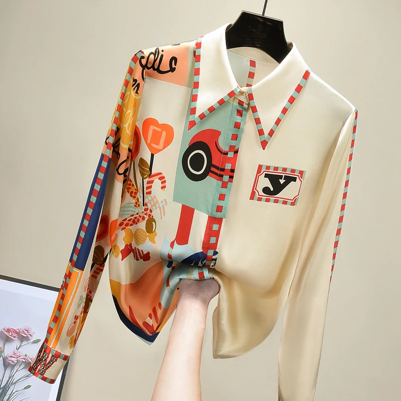 Elegant Print Silk Blouse Women Korean Long Sleeve Shirt Modis Tops 2021 New Arrival