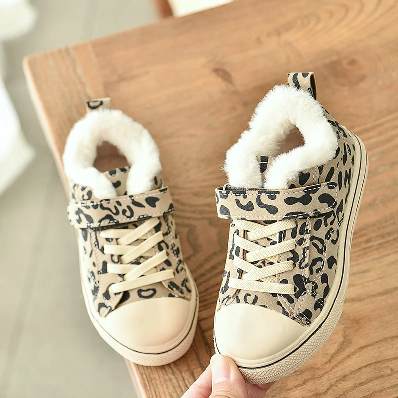 

Children's Shoes Cotton Shoes 2020 Winter New Plus Velvet Canvas Shoes Boys Leopard Fur Shoes Girls Plus Velvet Sports Shoes