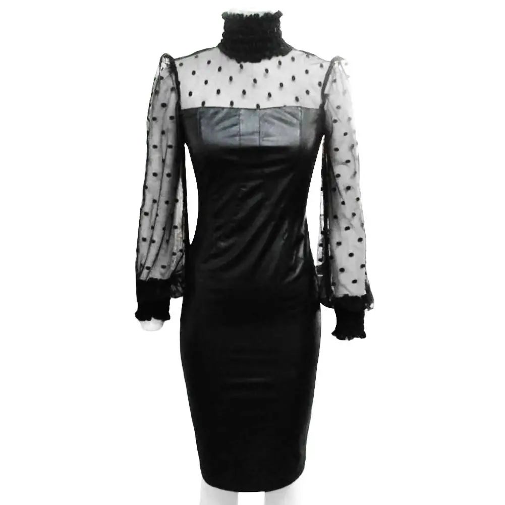 

Fashion Summer Women Dresses Sexy Women Turtle Neck See Through Long Sleeve Faux Leather Bodycon Midi Dress Vestidos