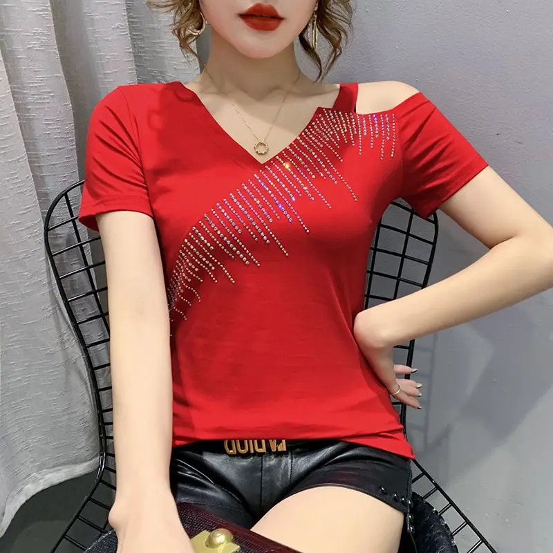 

Sexy off shoulder T-shirt women's short sleeve 2021 summer wear new style foreign style clavicle top fashion hot drill half slee