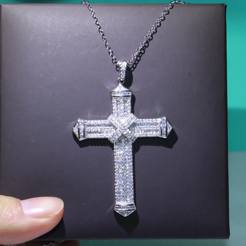 Hot Sell Sparkling Luxury Jewelry 925 Sterling Silver Full White Clear 5A Cubic Zircon Cross Pendat Women Bridal Necklace gIFT | Украшения
