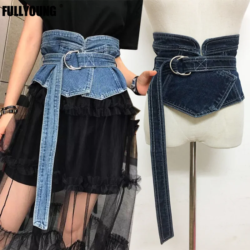 

New Fashion Irregular Denim Belt Blue Lace-up Bow Long Wide Belts Splice Girdle Personality Women Trendy All-match Spring Summer