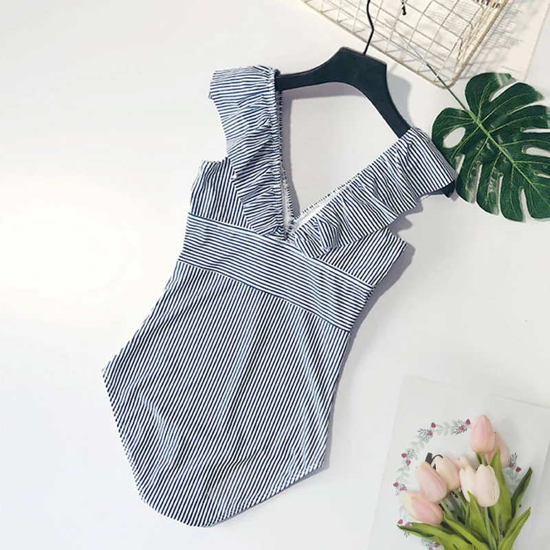 

HStar Sexy One Piece Swimsuit Female Swimwear Women V Neck Bathing suit Striped Beach wear Ruffled Bodysuit High Waist Monokini