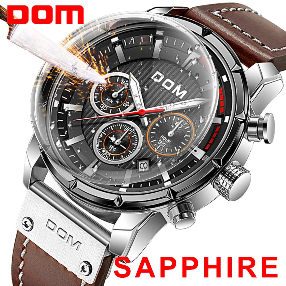 DOM Glod Top Brand Luxury Sapphire Sport Watches For Men Military Leather Wrist Watch Man Chronograph Wristwatch Gift