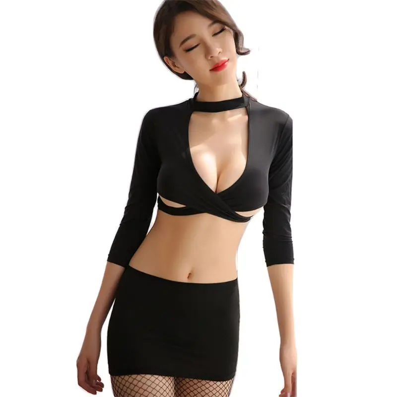 

Women Erotic Office Secretary Uniform Lingerie Criss Cross Hollow Front Crop Top Blouse Mini Skirt Cosplay Nightwear