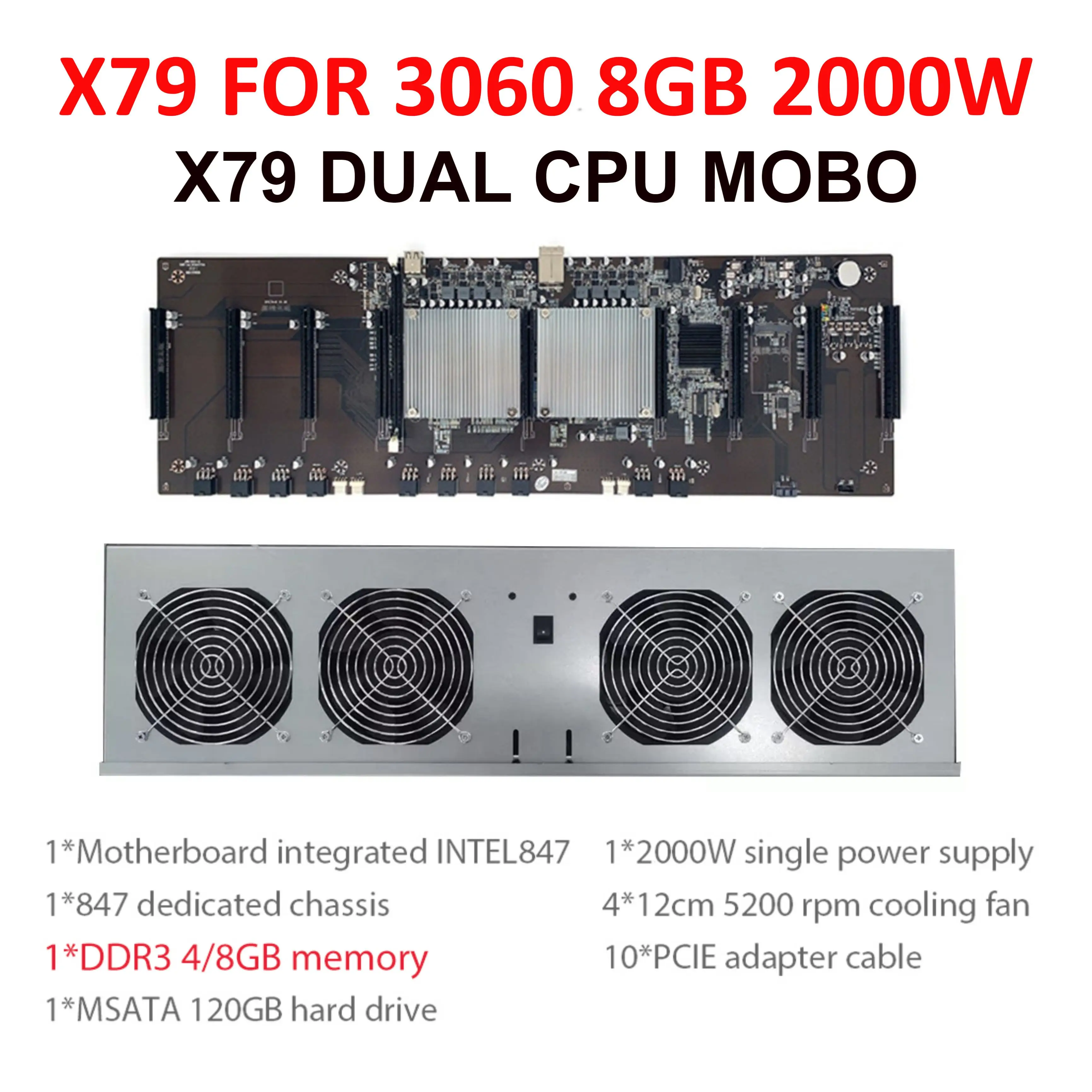 

Шасси X79 для майнинга с двойным процессором, материнская плата для RTX 3060, 2000 Вт, 8 ГБ, DDR, 120 ГБ, SSD, 4 вентилятора