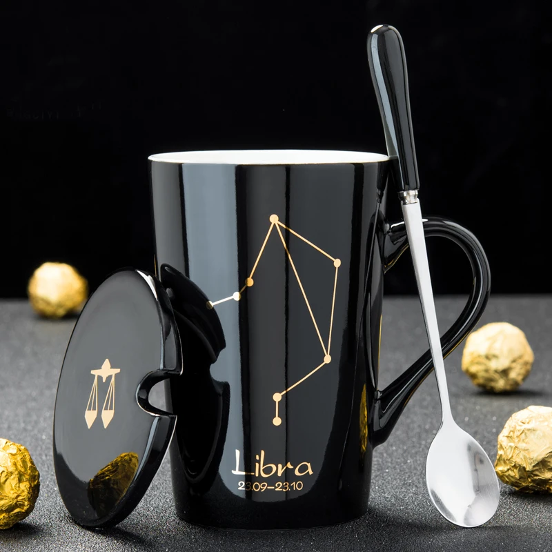 

12 Constellations Creative Ceramic Coffee Mugs with Spoon Lid Black and Gold Porcelain Zodiac Milk Coffee Cup Water Drinkware