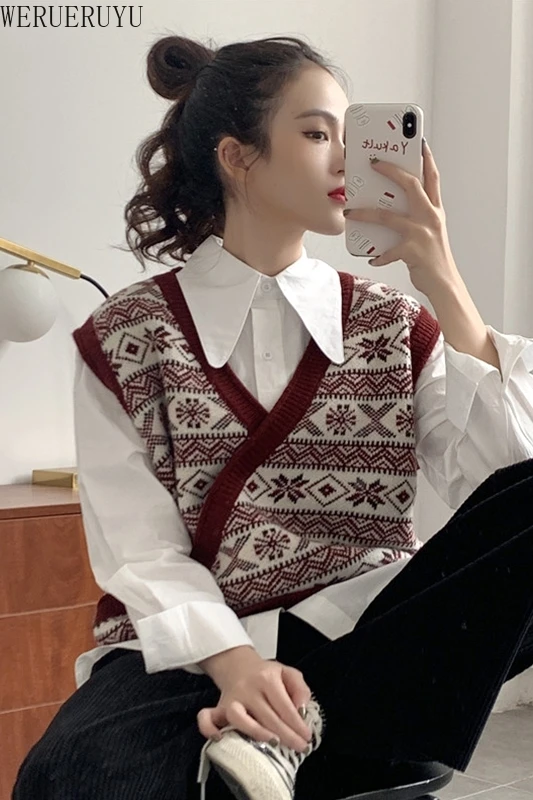 

WERUERUYU Vest Women Solid Short Loose Trendy Korean Style Sleeveless Knitted V-Neck All-match Female Coats Simple Leisure