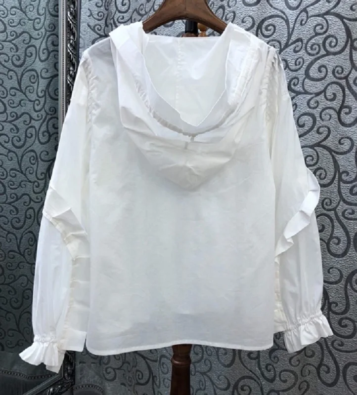 

100%Cotton Blouses Shirts 2020 Autumn Fashion White Tops Hooded Women Long Sleeve Loose Tops Shirt Ladies Casual Pullovers