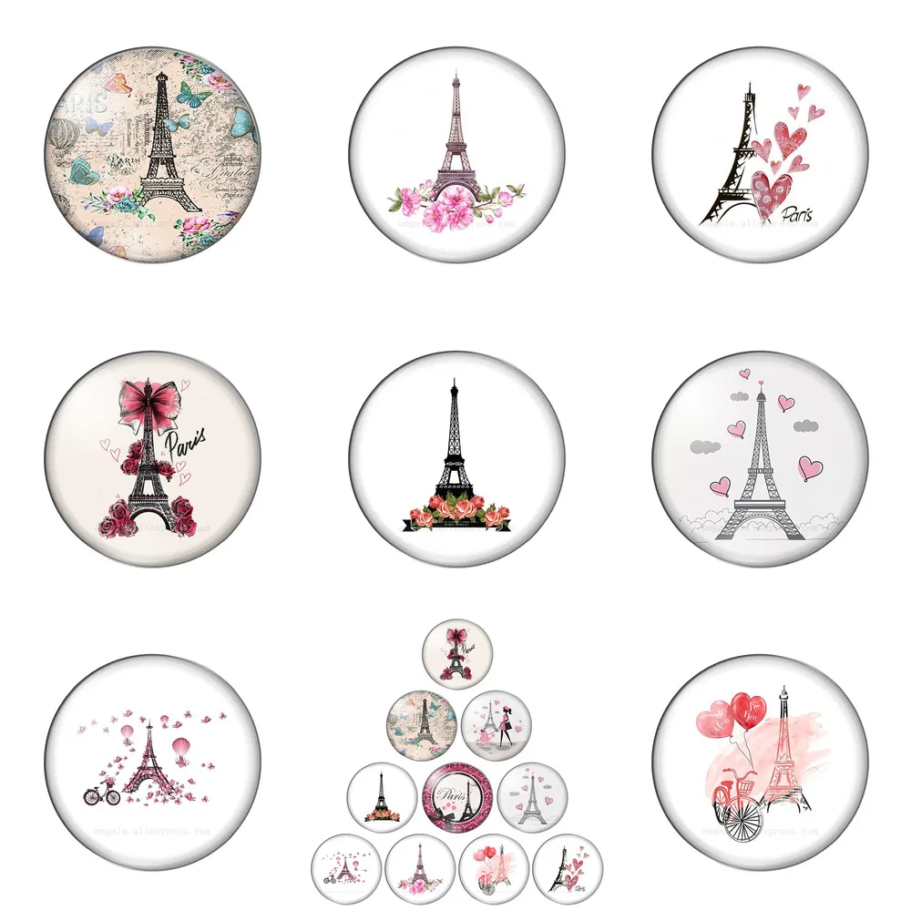 

Art Vintage Paris Tower 10pcs 10/12mm/14mm/16mm/18mm/20mm/25mm Round Photo Glass Cabochon Demo Flat Back Making Findings
