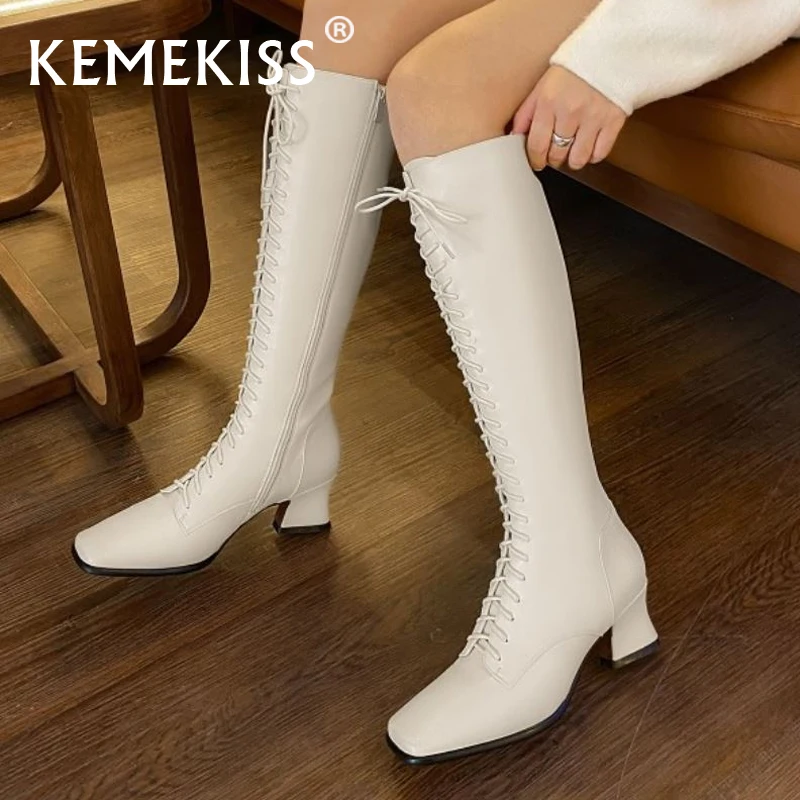 

KemeKiss 2022 Новая женская обувь модные зимние сапоги до колена высокие сапоги на толстом высоком каблуке со шнуровкой крутая женская обувь разм...