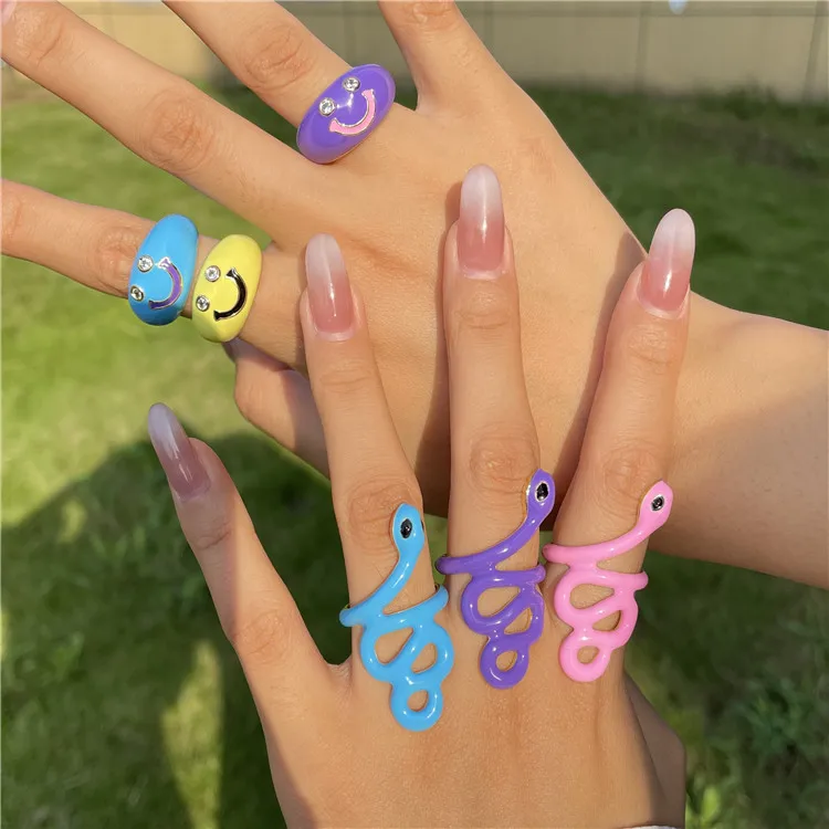 

New Exaggeration Colorful Rhinestone Dripping Oil Snake Rings Geometric Metal Hollow Irregular Ring For Women Party Jewelry