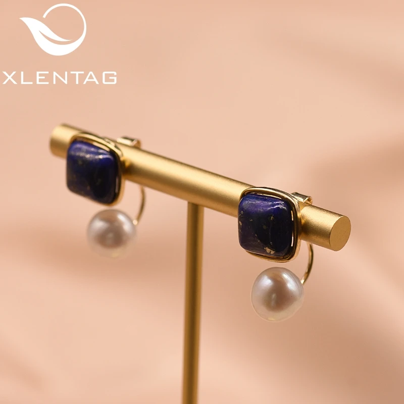 XlentAg, серьги-капли с натуральным квадратным Лазуритом, пресноводным жемчугом для женщин, 925 серебряные серьги-гвоздики ручной работы, хорошее ювелирное изделие GE0327