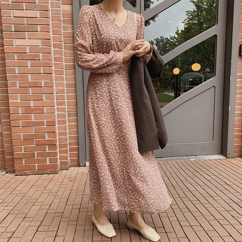 

2021 New Spring Autumn Women Dresses V-Neck High Waist Floral Lace Up Casual Fashionable Chiffon Vintage Long Dress
