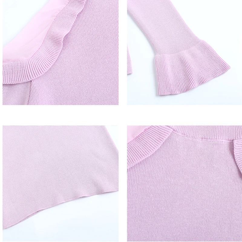 Женский свитер с расклешенным рукавом облегающий открытыми плечами и высоким