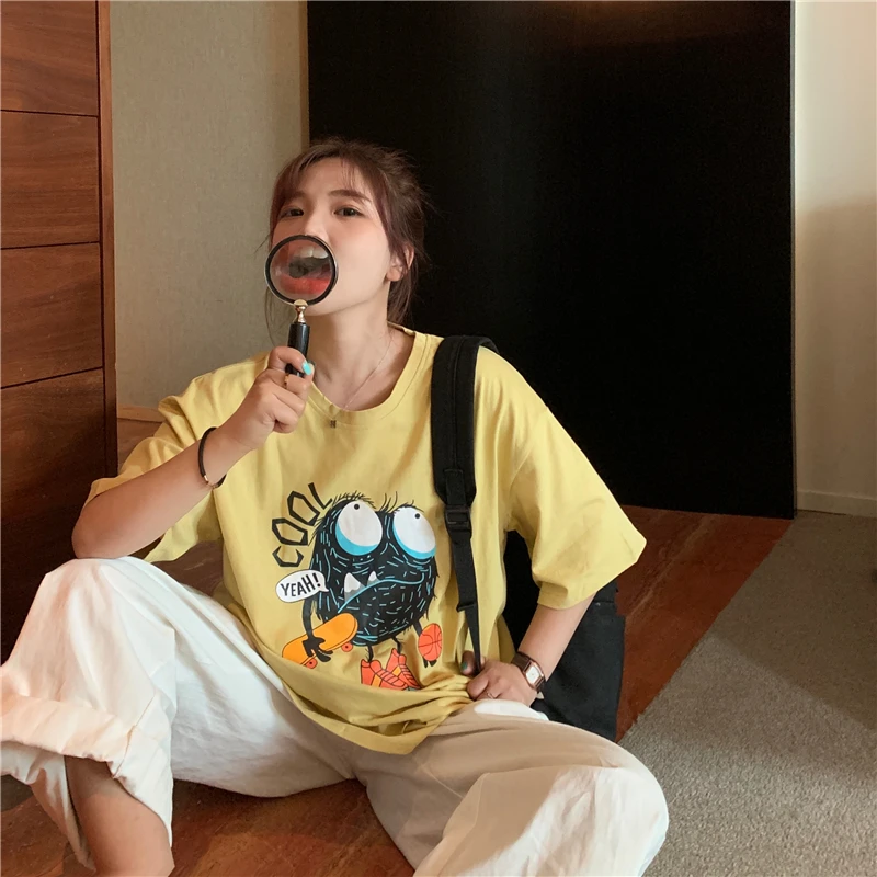 

2021 Korean Clothes New Summer Women's Clothing Oversize T-Shirts Fashion Trend Funny Cartoon Printing O-Neck Loose Short Tops