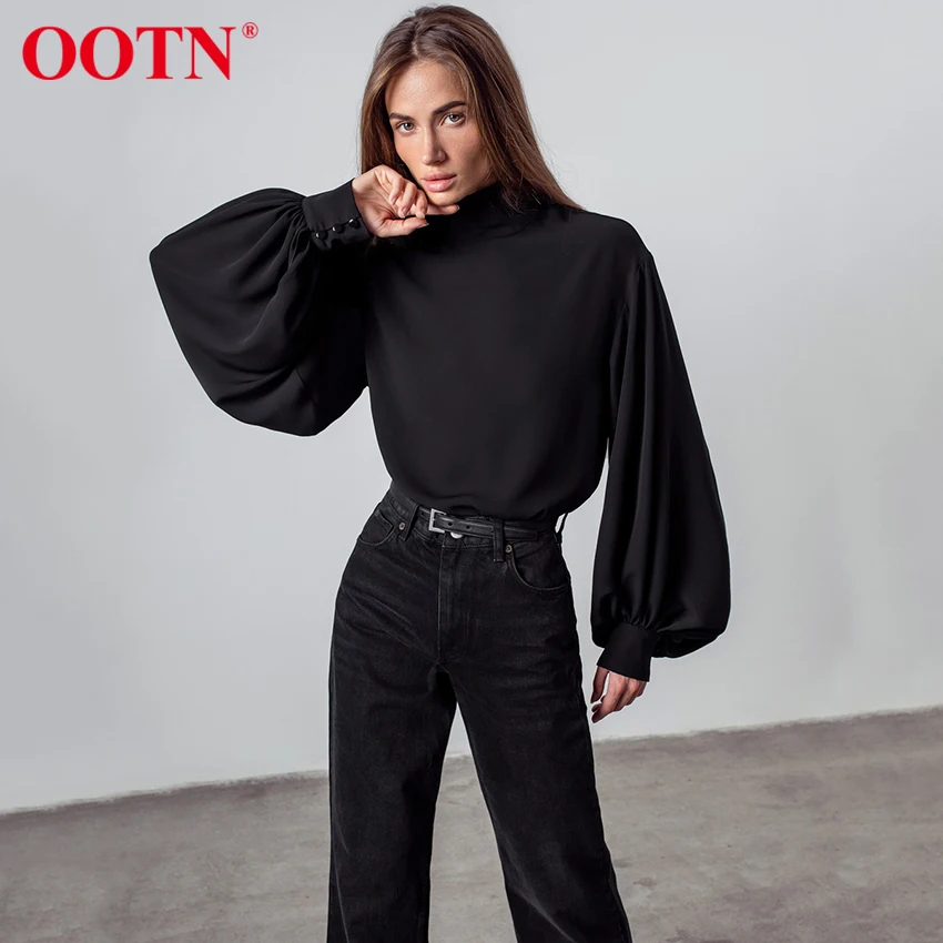 

OOTN черная шифоновая женская блузка с высоким воротником, осенняя свободная элегантная рубашка с рукавами-фонариками, простой офисный женск...