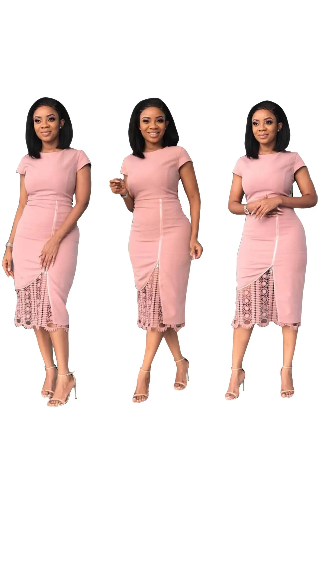

2019 Women Autumn Dresses O-Neck Empire Mid-Calf Zippers Short Sleeve Women Dresses Solid Sheath Office Lady Women Party Dresses