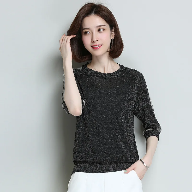 Женский трикотажный свитер с коротким рукавом Яркий шелковый круглым вырезом