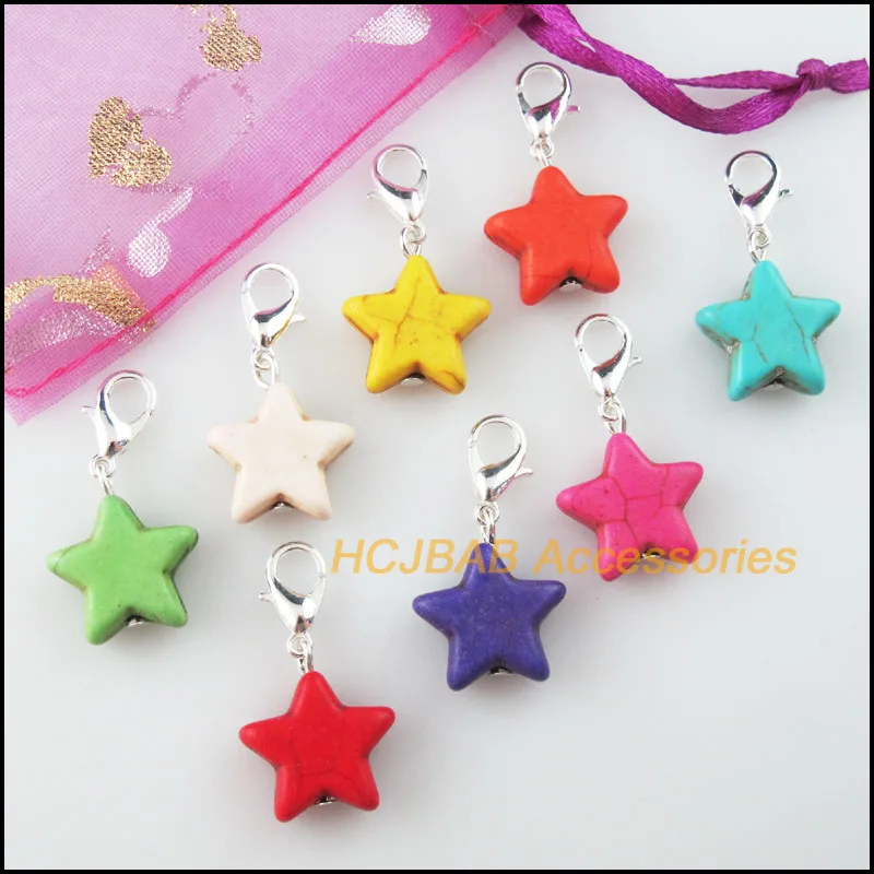 

16Pcs Mixed Stone Star Beads Charms Silver Plated With Clasps 15mm