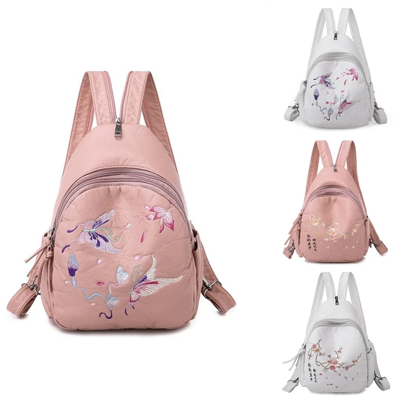 

Ladies Embroidered Leather Backpack Girly Ladies Women Soft Leather Backpack Flowers