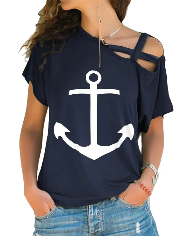Женская Повседневная Свободная Асимметричная летняя футболка с принтом якоря