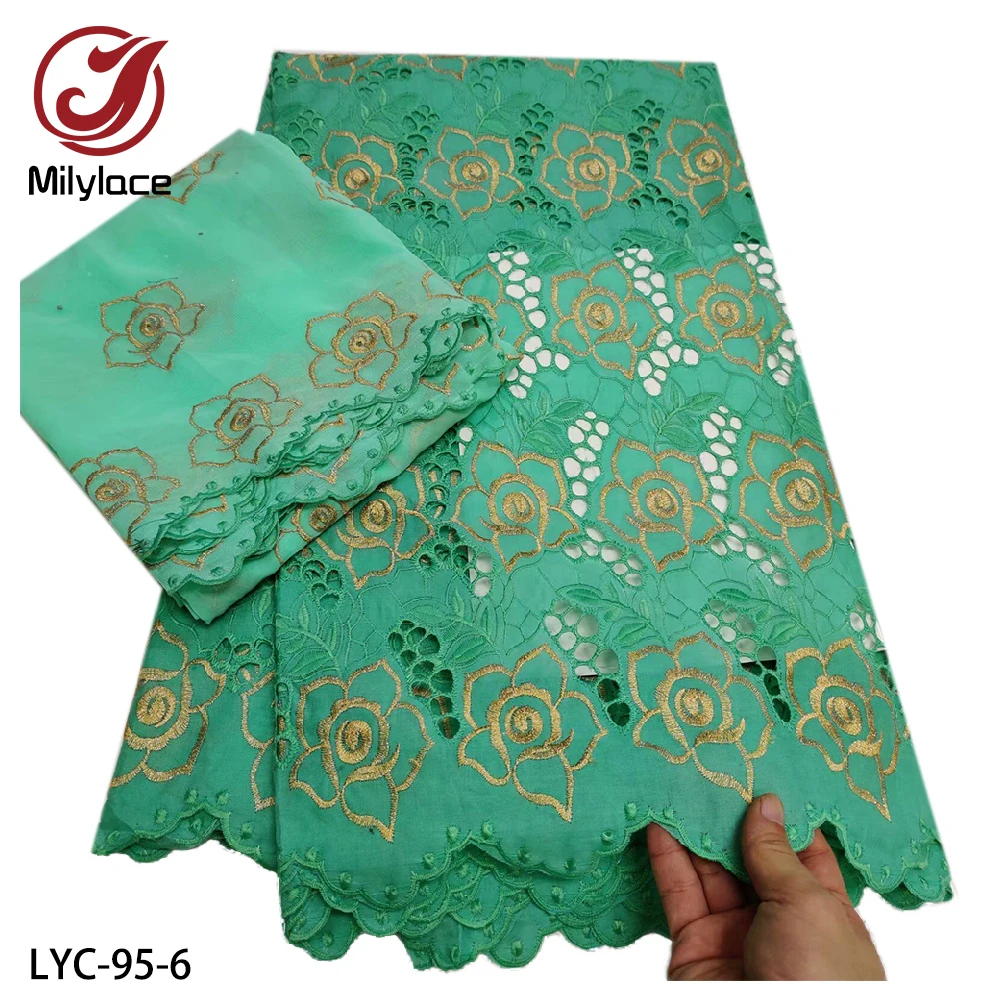 

African Fashion Pure Cotton Embroidered Voile Lace Fabric with Chiffon Lace Fabric 5+2 Yards/Set LYC-95
