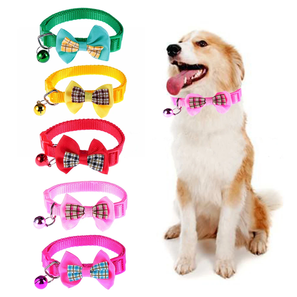 

Colorful Plaid Bow Dog Collar Adjustable Buckle Puppy Kitten Nylon Necklace With Bell Pendant Pet Supplies Cat Accessories