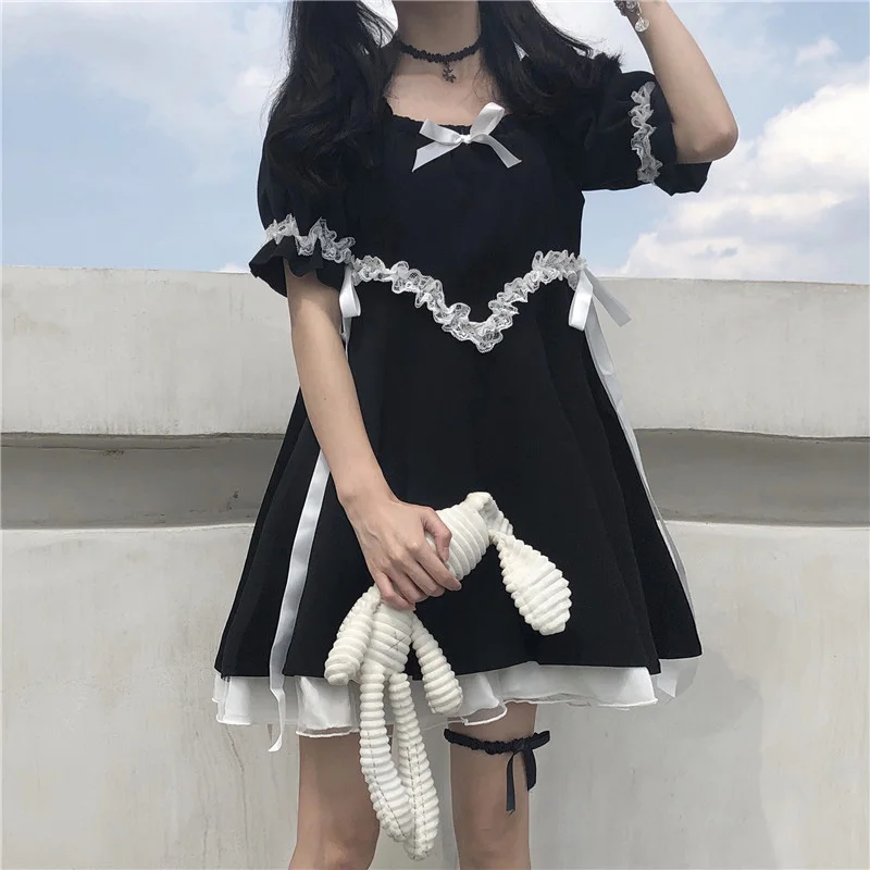 

Japanese Kawaii Soft Girly Dress Vintage Square Collar Cute Lace Summer Dress Girls Up Bow Sweety Ruffle Puff Sleeve Black Dress