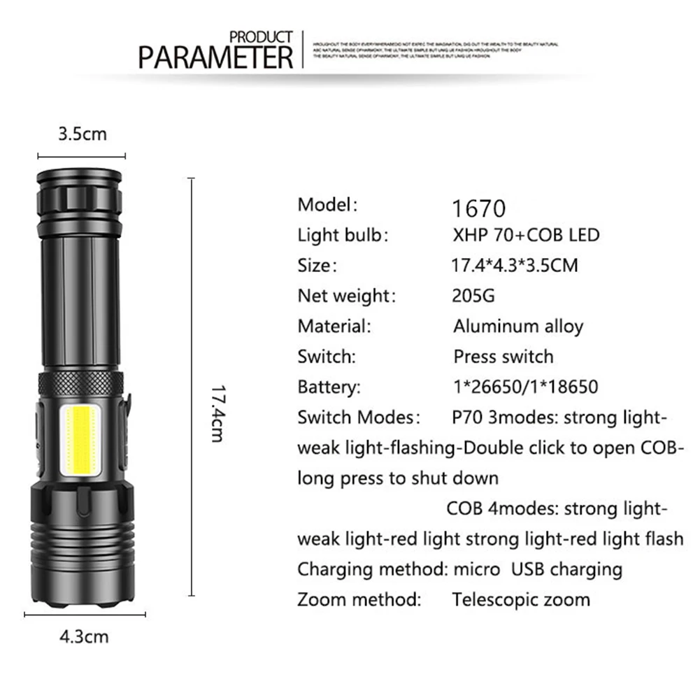 

2021 NEW XHP70 COB Camping Headlight Torch Outdoor LED Waterproof Zoom Flashlight 18650 Battery USB Charging dropshipping