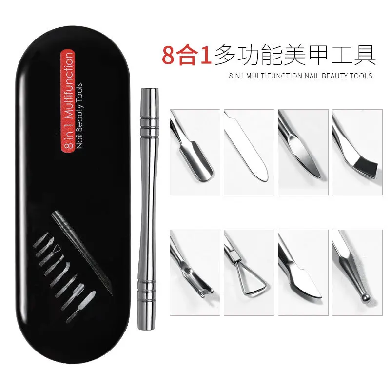 

8 in 1 Stainless Steel Nail Cuticle Pusher Cuticle Dotting Remover Manicure Nail Art DIY Tools Case Hexagon Magnetic Absorber