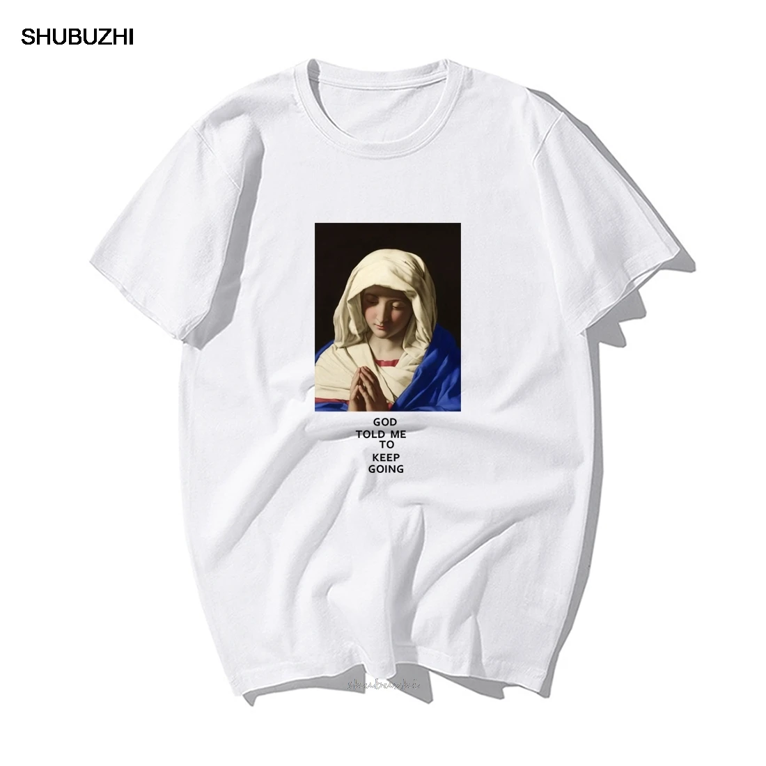 Футболка с изображением девы Марии надпись Бога мне летние модные топы