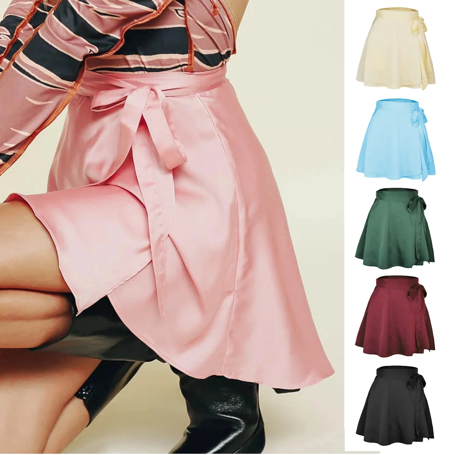 

Женская однотонная шелковая юбка с завышенной талией, модная цельная юбка на шнуровке, шифоновая атласная юбка, вечерняя Женская юбка Y2k, ле...
