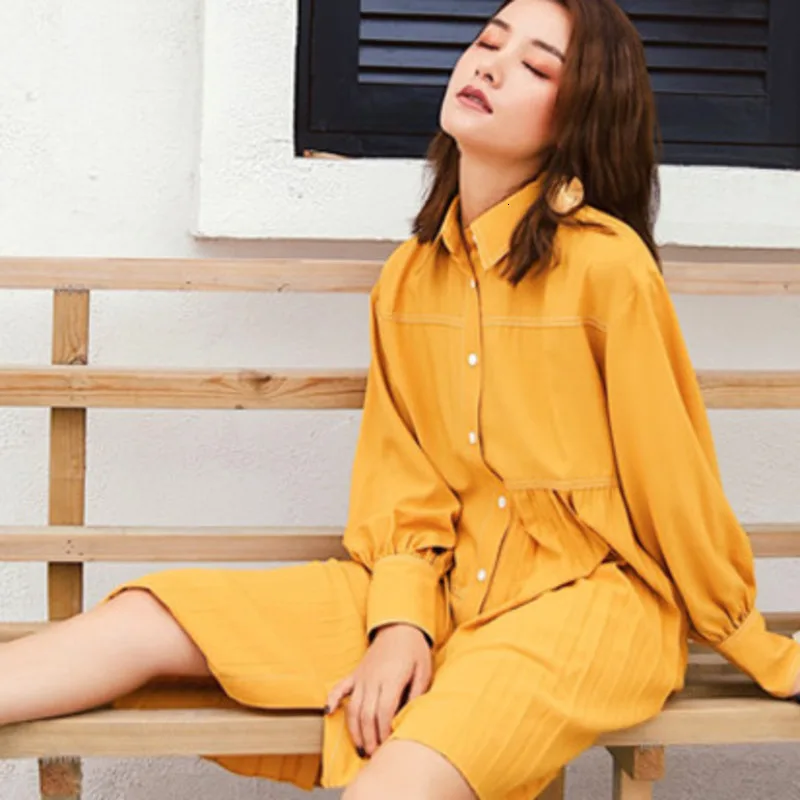 LANMREM Solid Color Lapel Long Sleeve Stitching Pleats Irregular Woman Dress Sweet Casual Simple Fashion Spring New TV539