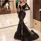 Женское вечернее платье с длинным рукавом, черное кружевное платье с V-образным вырезом, элегантное платье для выпускного вечера, 2022