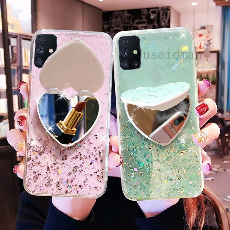 Зеркало с блестками Love Heart для макияжа чехол телефона Oppo A5S A3S A1K A12 A91 A15 A31 A52 A73 A9 A5 A53