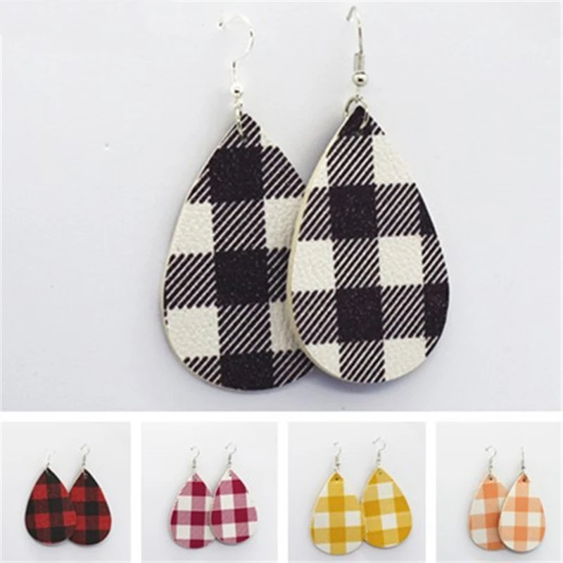 Женские серьги из натуральной кожи в клетку с Буйволом|Серьги-подвески| |