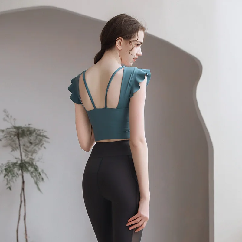 Одежда для йоги женские топы с листьями лотоса сетчатые красные короткими