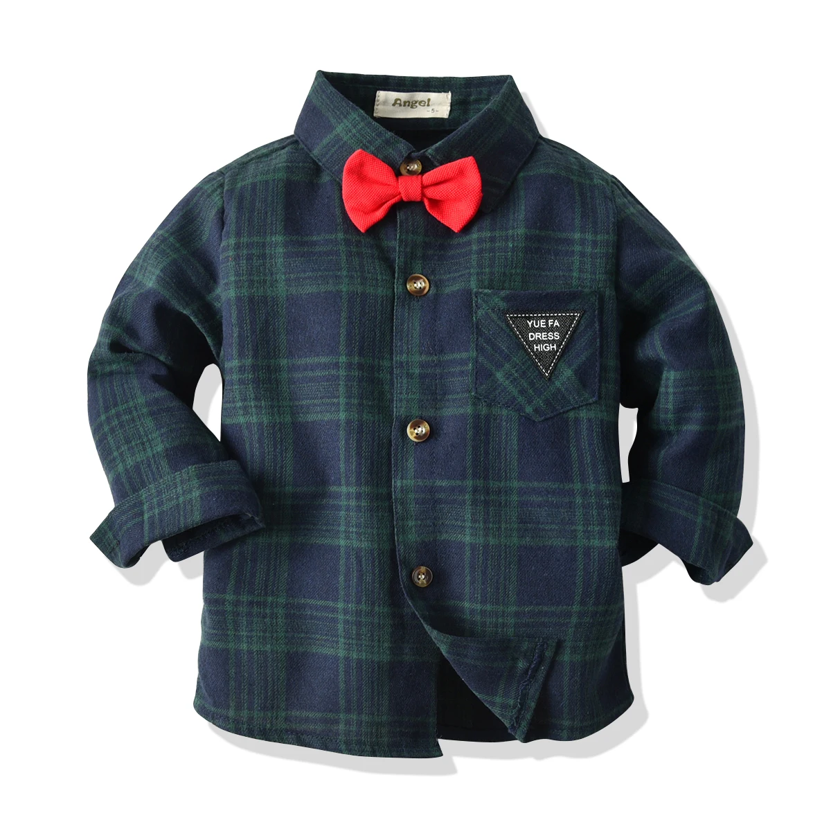 

Рубашка для маленьких мальчиков на весну и осень, креативный однобортный Топ с длинным рукавом и отложным воротником в синюю и зеленую клет...