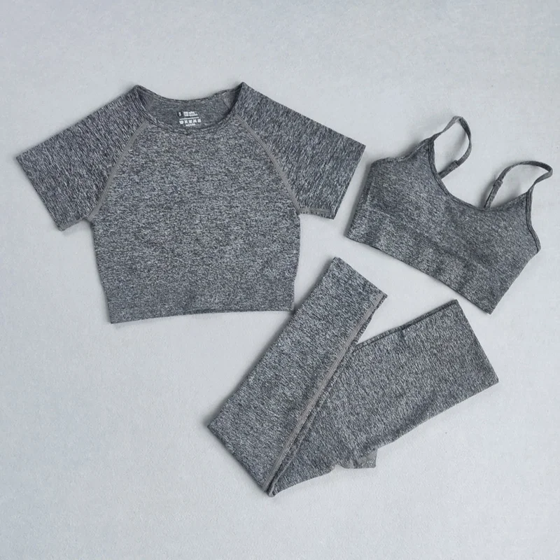 

3pcs Women Seamless Yoga Set High Waist Running Leggings Fitness Sport Suits GYM Cloth Yoga Short Sleeve Shirts Workout clothing