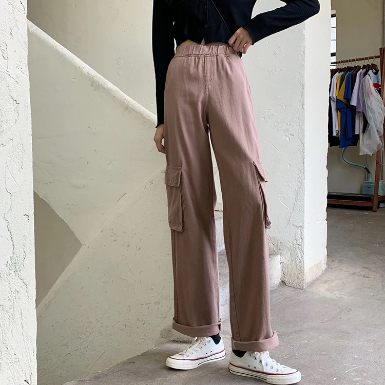 

2021 Spring Casual Women Caogo Pants Side Pocket Wide Leg Elastic Waist Denim Pants