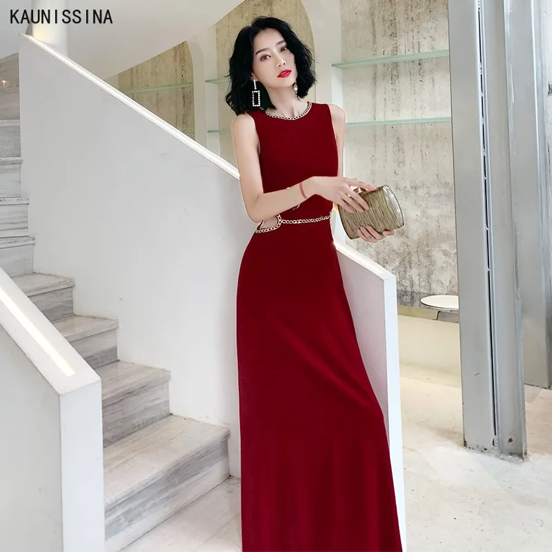 

KAUNISSINA Ladies Long Cocktail Dresses O-Neck Sleeveless Party Wear Prom Dress Women Elegant Plus Size Summer Formal Gown
