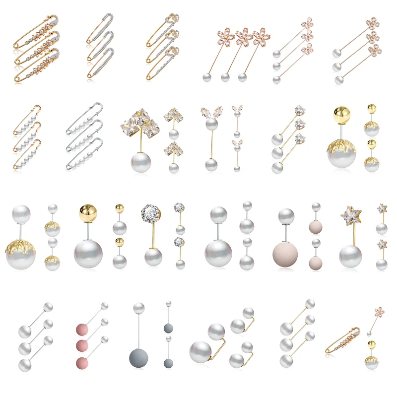 

3 Pieces Women Girls Imitation Pearl Crystal Brooch Collar Safety Pins Vintage Shirt Dress Cardigan Sweater Shawl Clips